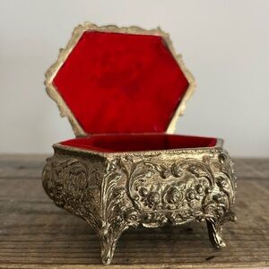 Brass French Rococo Jewelry Box with Red Velvet